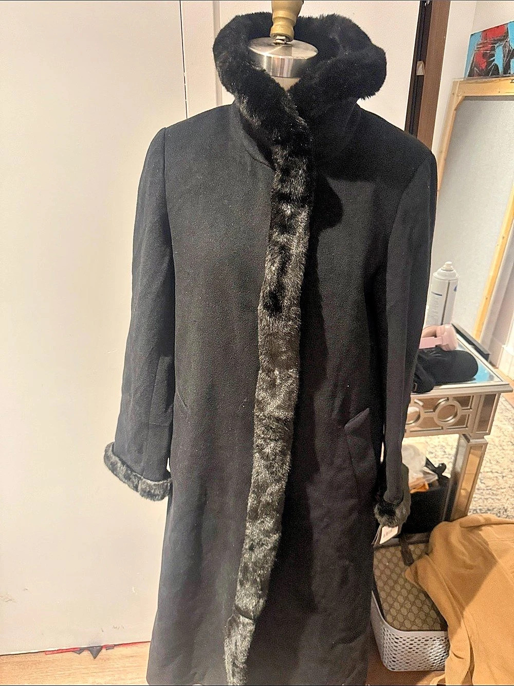 Ellen Tracy Faux Fur Trim Coat Black Size Small NWT